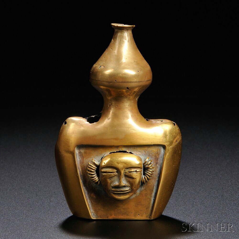 Appraisal: Quimbayan-style Gold Poporo Lime Container flask-style with a mask wearing