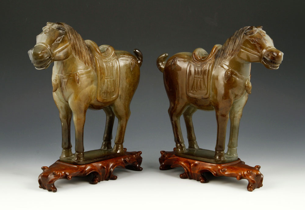 Appraisal: - Pr Antique Chinese Jade Horses Pair of antique Chinese