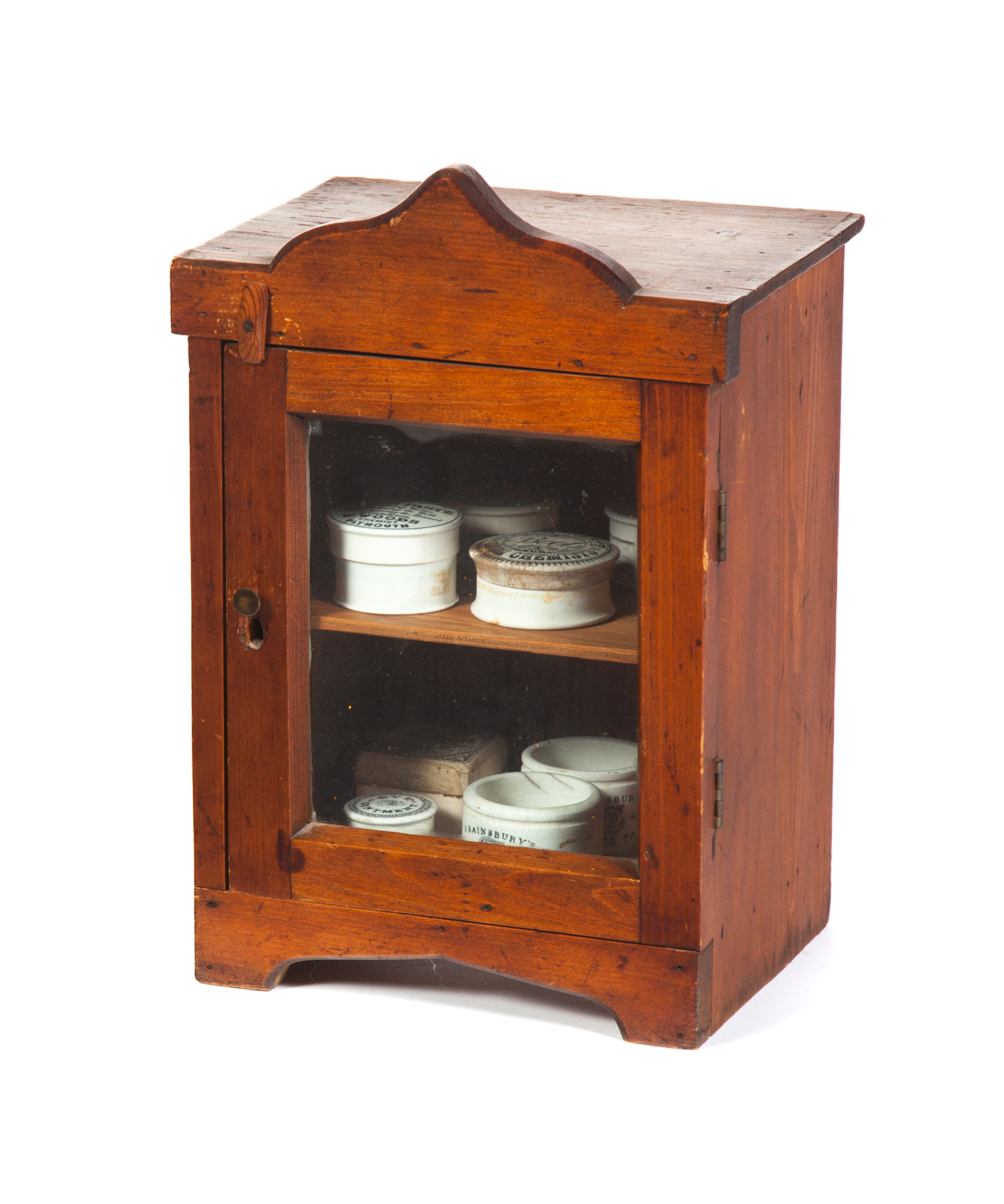 Appraisal: SMALL DISPLAY CASE WITH EIGHT IRONSTONE JARS Second half- th