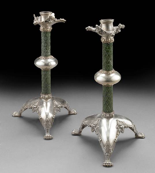 Appraisal: Sterling and Carved Jade Nephrite Pair of Candlesticks After the