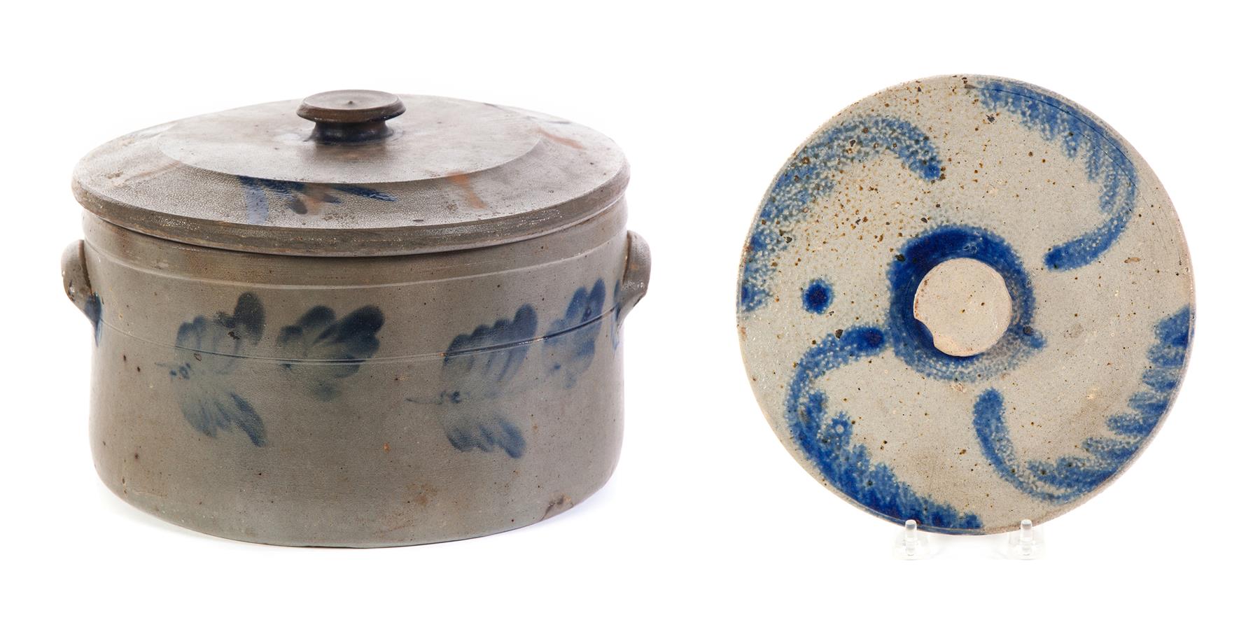 Appraisal: AMERICAN STONEWARE CROCK AND TWO LIDS Mid th century Cake