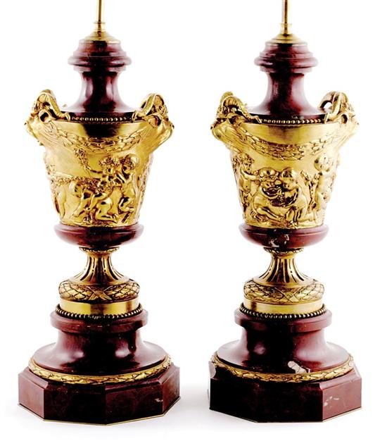 Appraisal: Pair French gilt-bronze and marble urns second half th century