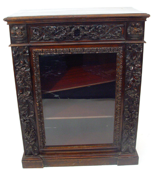 Appraisal: Victorian mahogany pier cabinet fitted with a frieze drawer profusely