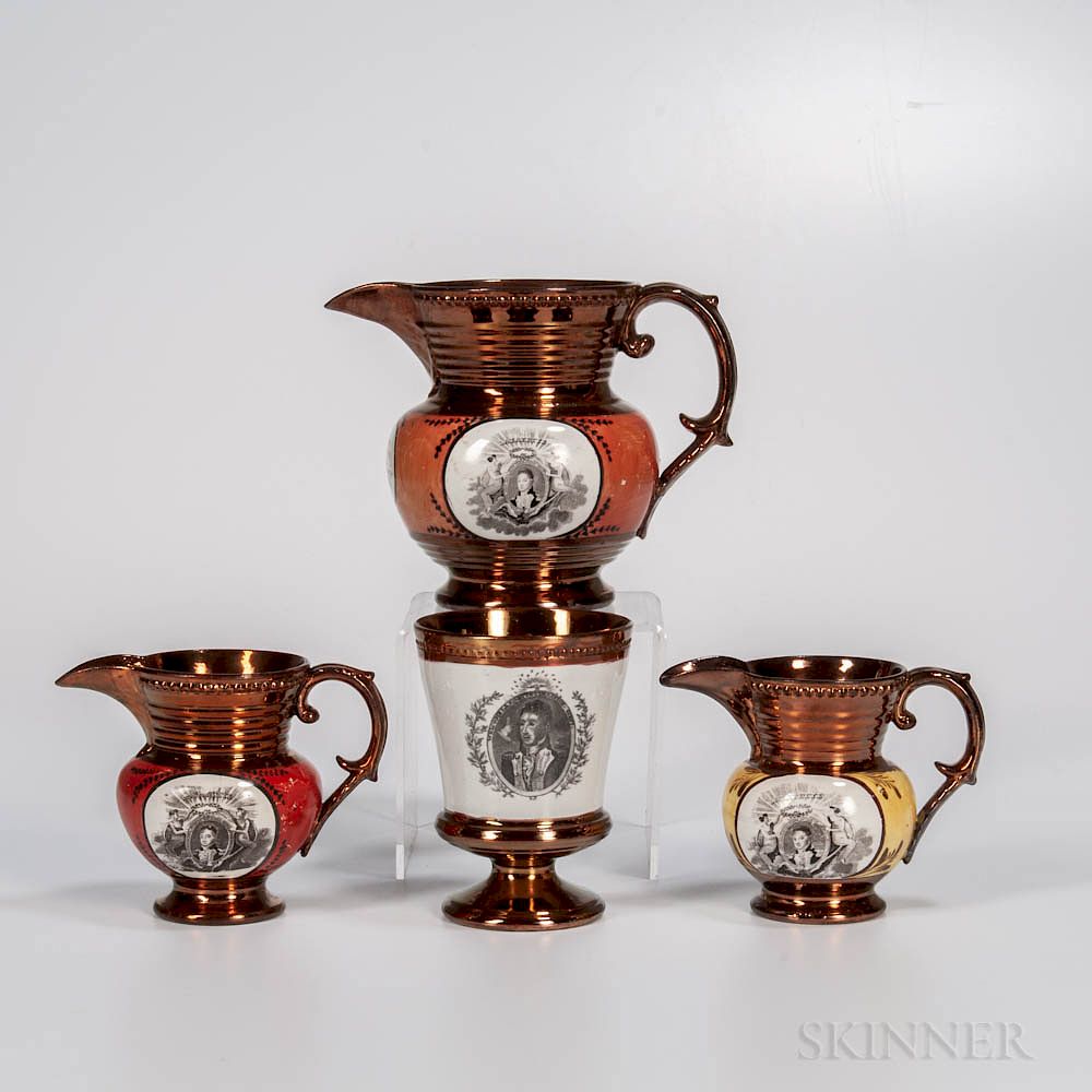 Appraisal: Four Staffordshire Copper Lustre Decorated Lafayette Cornwallis Items Four Staffordshire