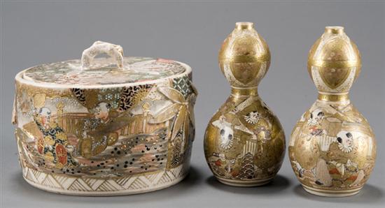 Appraisal: Japanese satsuma covered box and two small double gourd vases