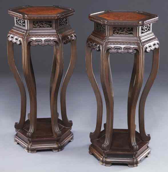 Appraisal: Pr Chinese burl wood inlaid hard wood tables ''H x