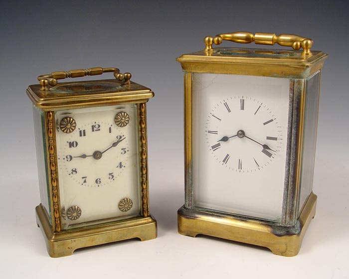 Appraisal: FRENCH BRASS CASE CARRIAGE CLOCKS To include Decorated case and