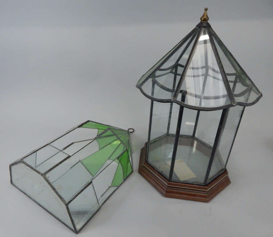 Appraisal: Two modern clear and green stained glass terrariums with leaded