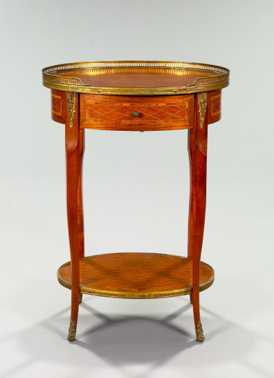 Appraisal: French Gilt-Brass-Mounted Mixed Woods Parquetry and String-Inlay Occasional Table early