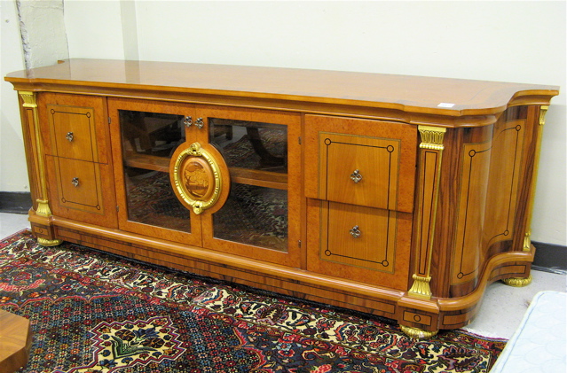 Appraisal: NEOCLASSICAL STYLE LOW BUFFET of burl maple walnut and kingwood