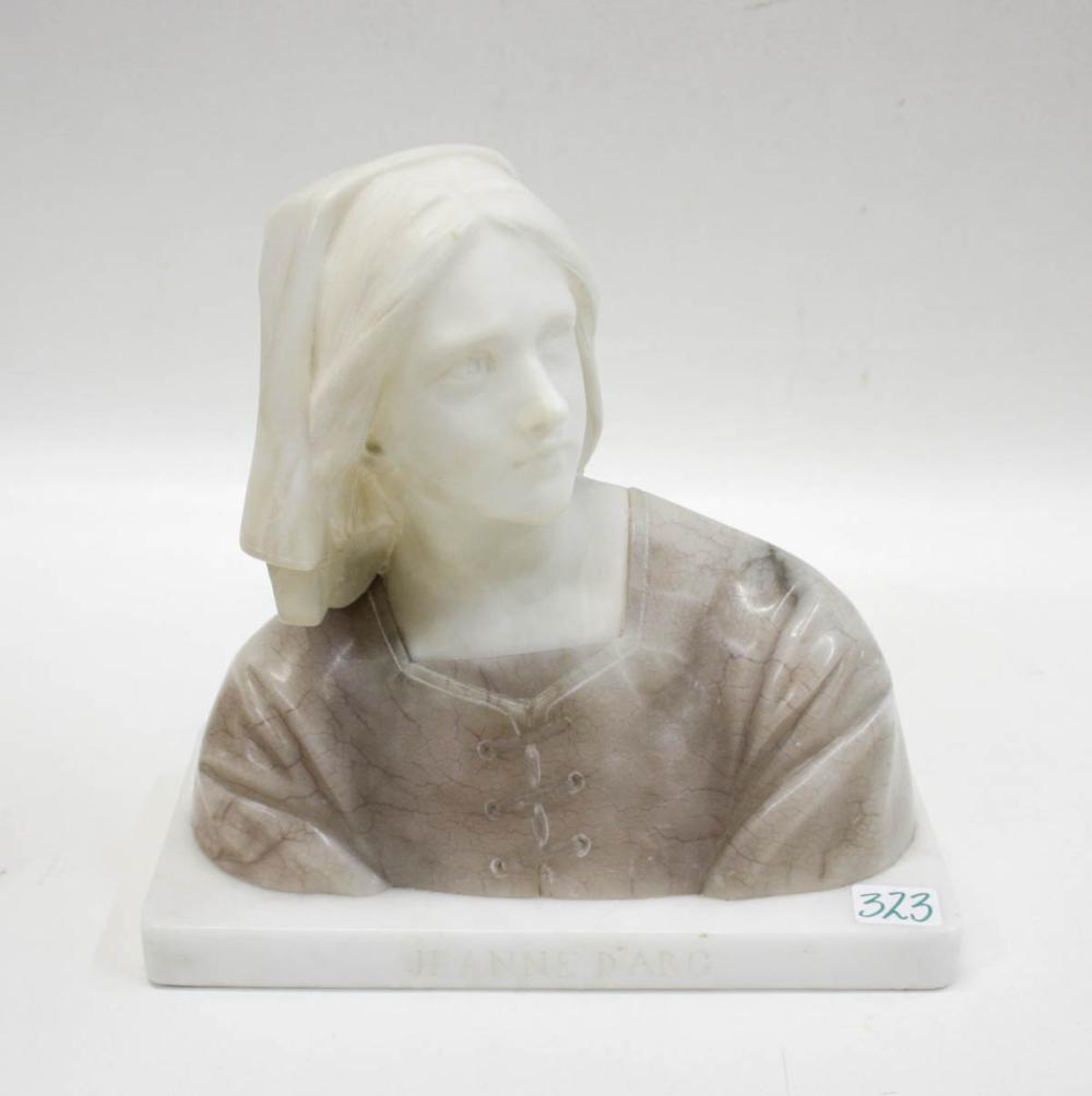 Appraisal: CARVED MARBLE AND ALABASTER BUST depicting Joan of Arc incised