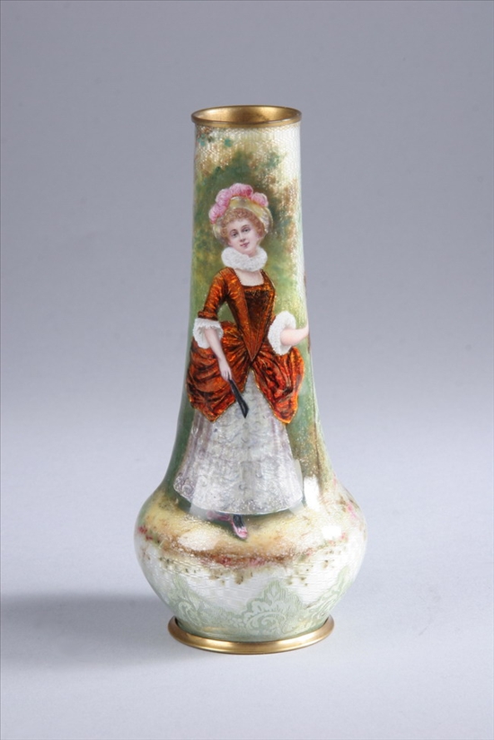 Appraisal: VIENNESE GUILLOCHE ENAMEL BUD VASE circa The bulbous vase with