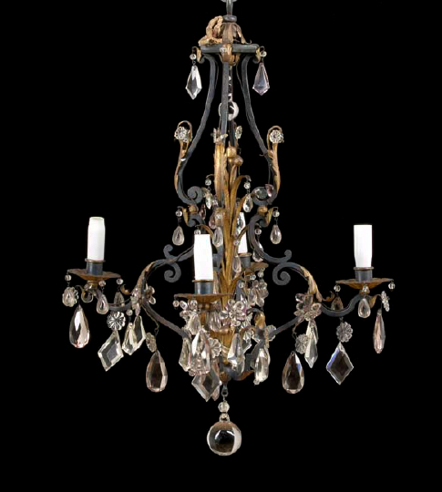 Appraisal: French Parcel-Gilt and Black-Finished Wrought-Iron and Cut Glass Four-Light Chandelier