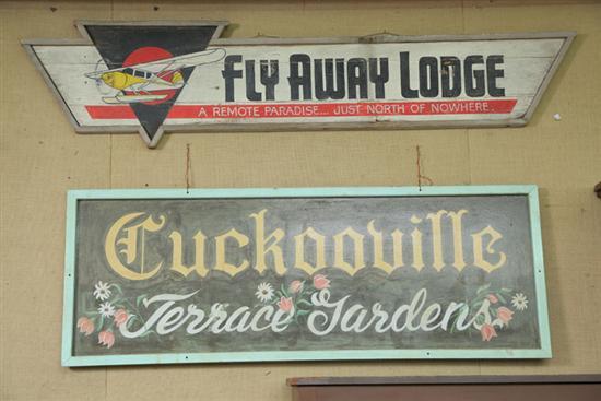 Appraisal: TWO PAINT DECORATED SIGNS Cuckooville Terrace Gardens with floral decoration