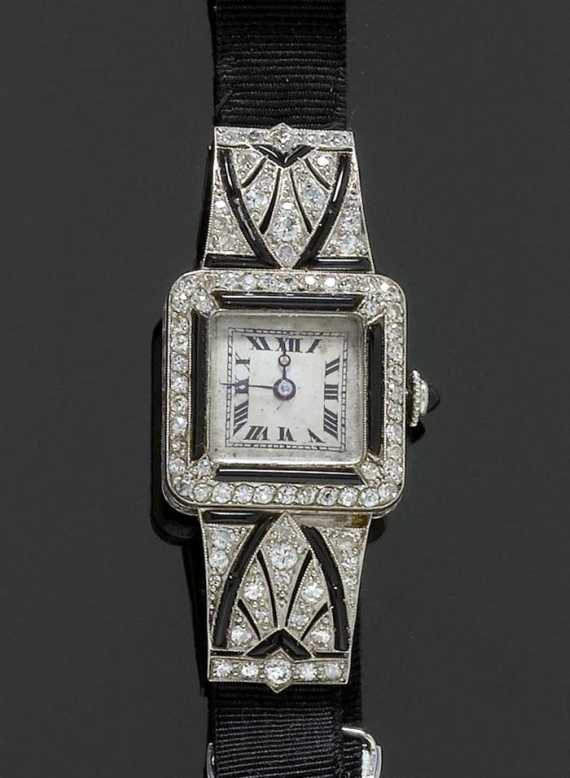 Appraisal: DIAMOND AND ENAMEL LADY'S WRISTWATCH France ca Platinum Square case