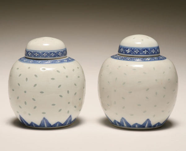 Appraisal: Pair Asian early lidded ginger jars hand painted borders transluscent