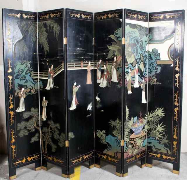 Appraisal: Chinese Polychromed Carved Lacquered ScreenDepicting ladies in the garden th