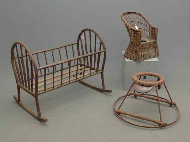 Appraisal: Lot including wicker chair early child's walker and bentwood cradle