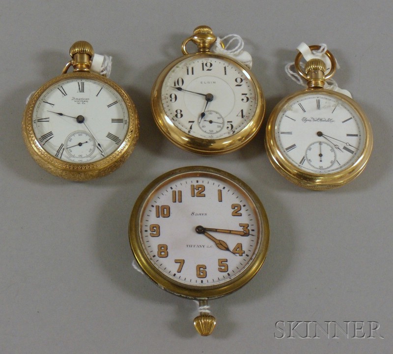 Appraisal: Three Gold-Filled Pocket Watches and a Tiffany Co Travel Clock