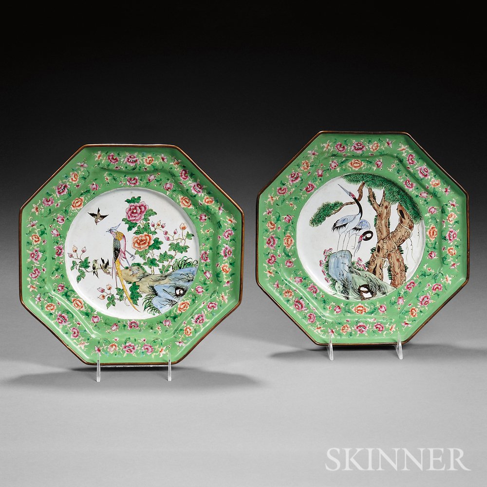 Appraisal: Pair of Canton Enamel Plates China octagonal decorated with bird