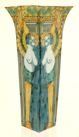 Appraisal: Patrick Collins born Classical Angels painted majolica style ceramic vase