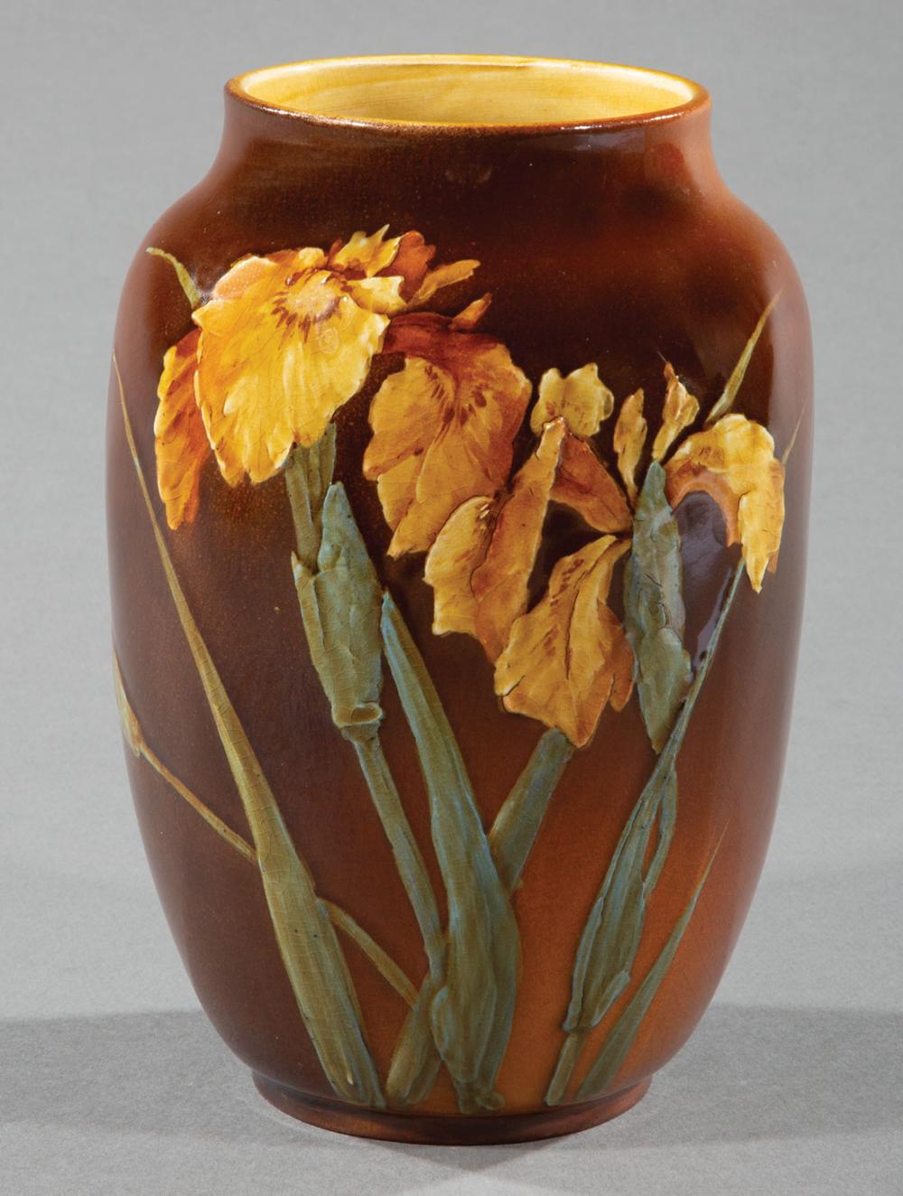 Appraisal: Choisy-Le-Roi Majolica Vase marked brown yellow glaze iris decoration h