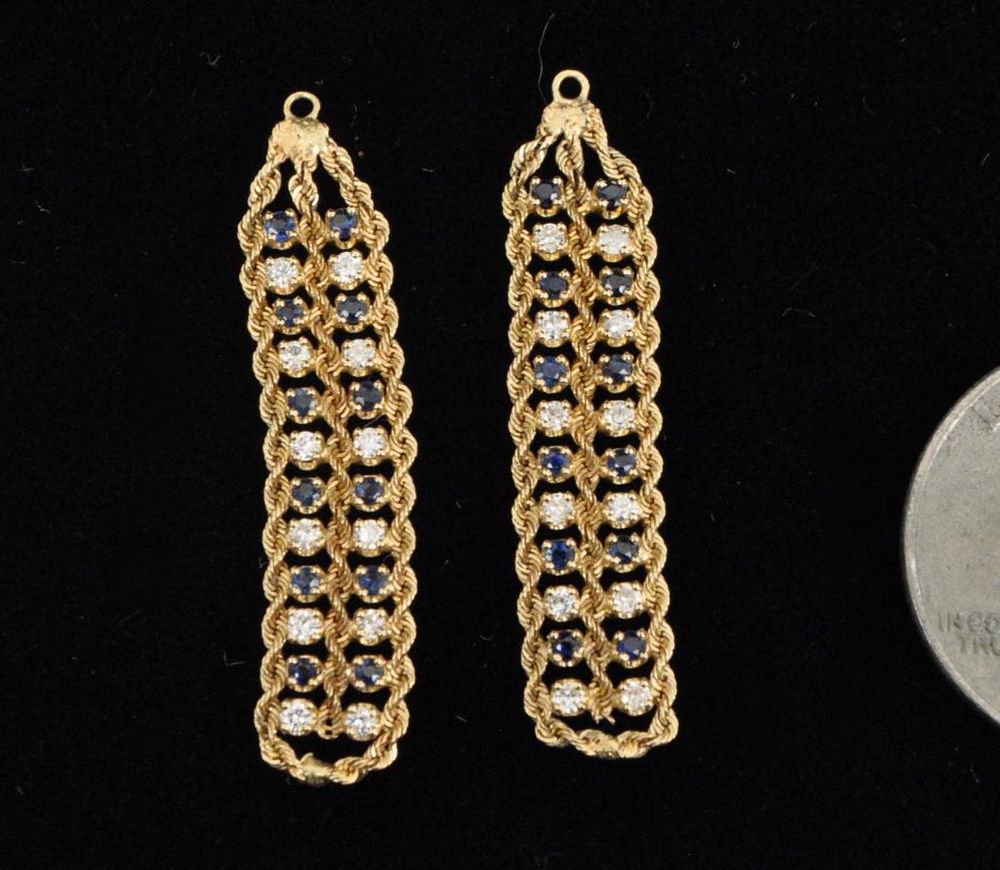 Appraisal: Pair K Gold Mesh Earring Jackets with diamonds and sapphires