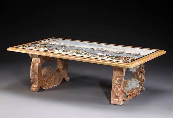 Appraisal: An unusual pietra dura table The inlaid rectangular top depicting