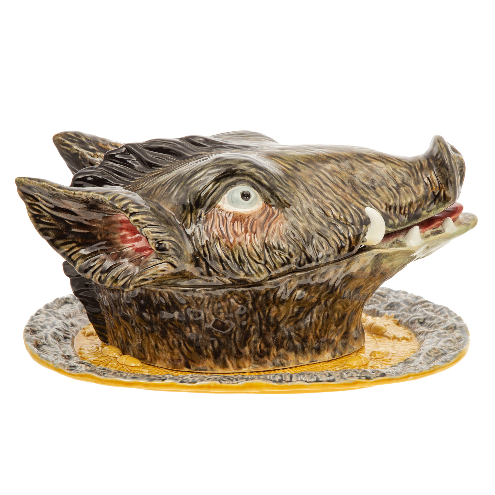 Appraisal: PORTUGUESE MAJOLICA BOAR HEAD SOUP TUREEN STAND Modeled as fierce