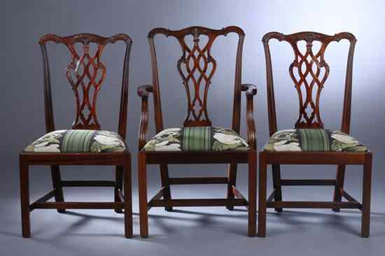 Appraisal: SET EIGHT CARVED MAHOGANY CHIPPENDALE STYLE DINING CHAIRS Georgian Furnishings