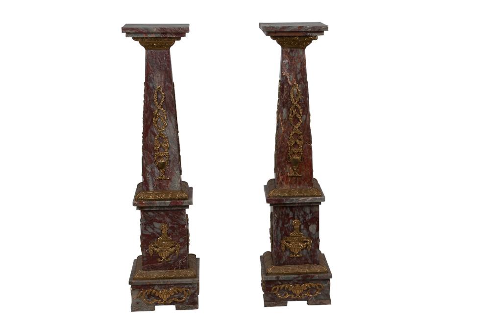 Appraisal: PAIR OF NEOCLASSIC STYLE GILT MOUNTED MARBLE PEDESTALSthe base inches