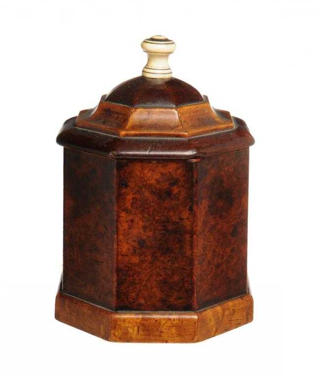 Appraisal: TREEN AN ENGLISH MAHOGANY MAPLE AND BURR MAPLE OCTAGONAL TOBACCO