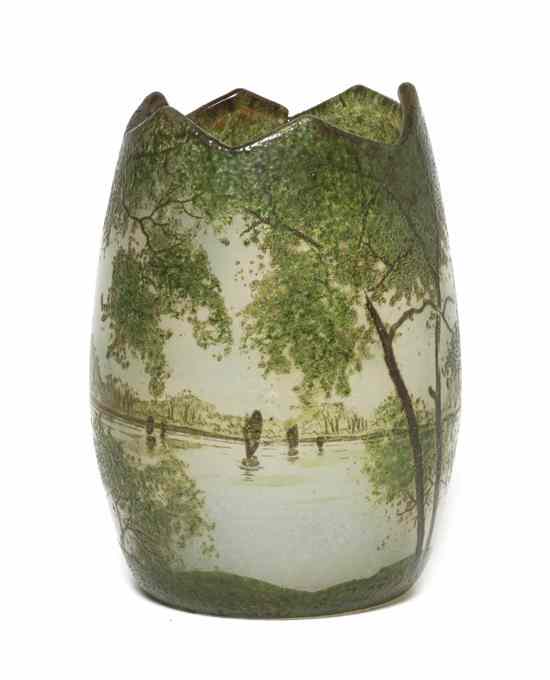 Appraisal: A French Enameled Glass Landscape Vase of ovoid form with