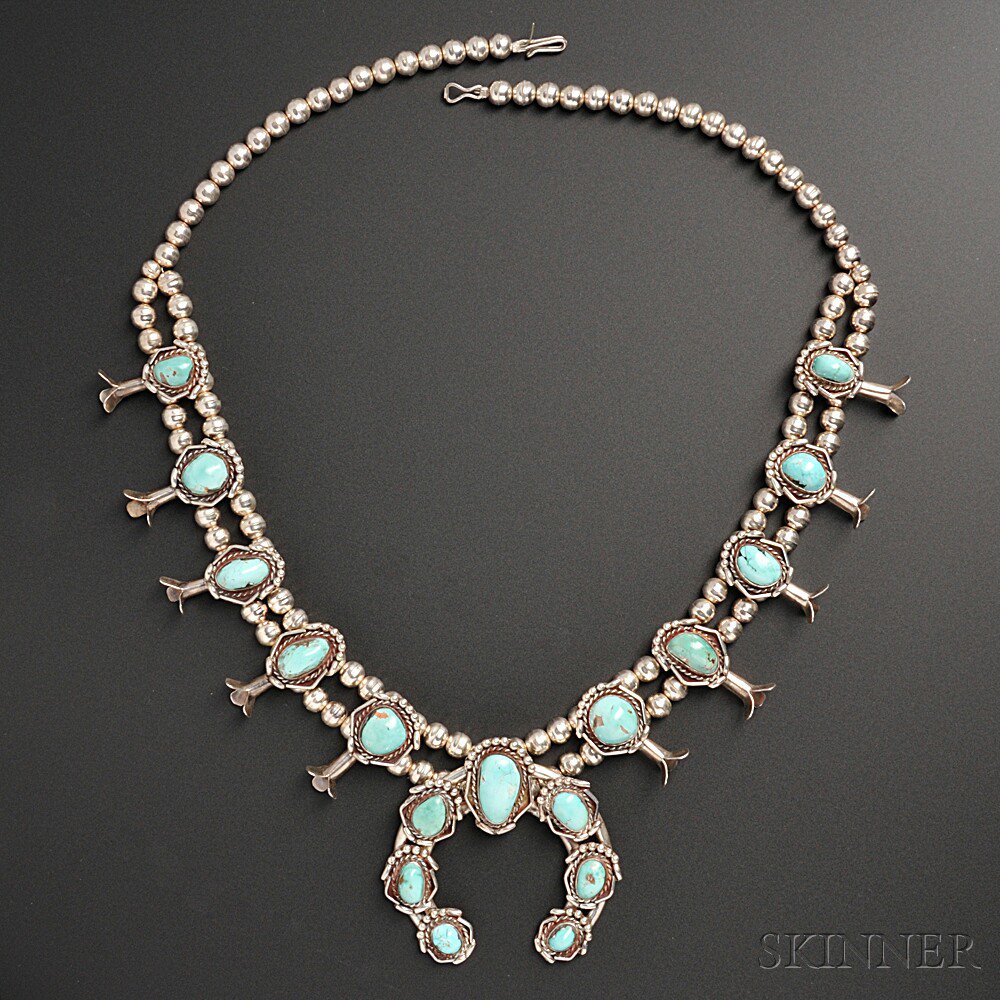 Appraisal: Navajo Silver and Turquoise Squash Blossom Necklace with machine-made hollow