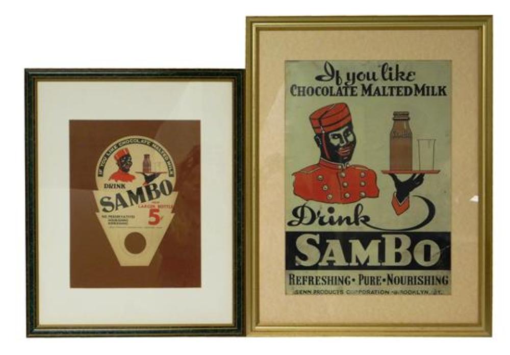 Appraisal: BLACK AMERICANA Two framed Sambo malted milk items polychrome designs