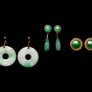 Appraisal: Three Pairs of Chinese Yellow Gold and Jadeite Earrings comprising