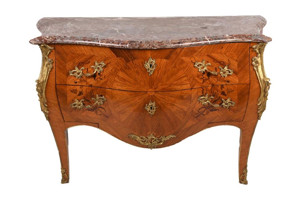 Appraisal: LOUIS XV STYLE ORMOLU MOUNTED MARBLE TOP COMMODE inches wide