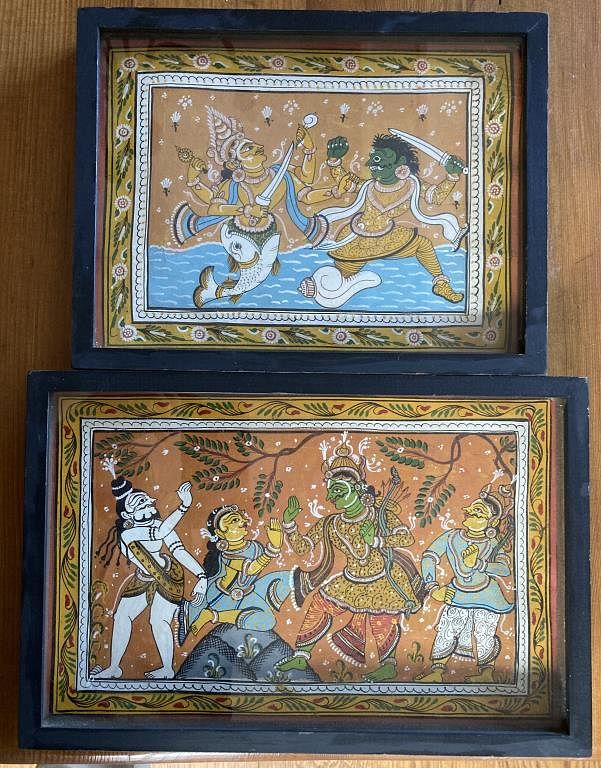 Appraisal: Two Indian Paintings in Shadow Box Frames depicting battle hunt