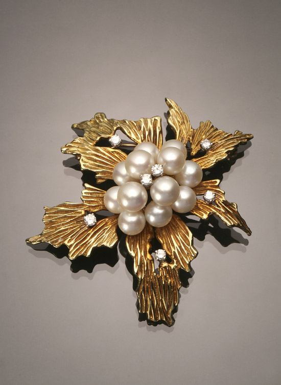 Appraisal: -Karat Yellow and White-Gold Cultured Pearl and Diamond Leaf Brooch