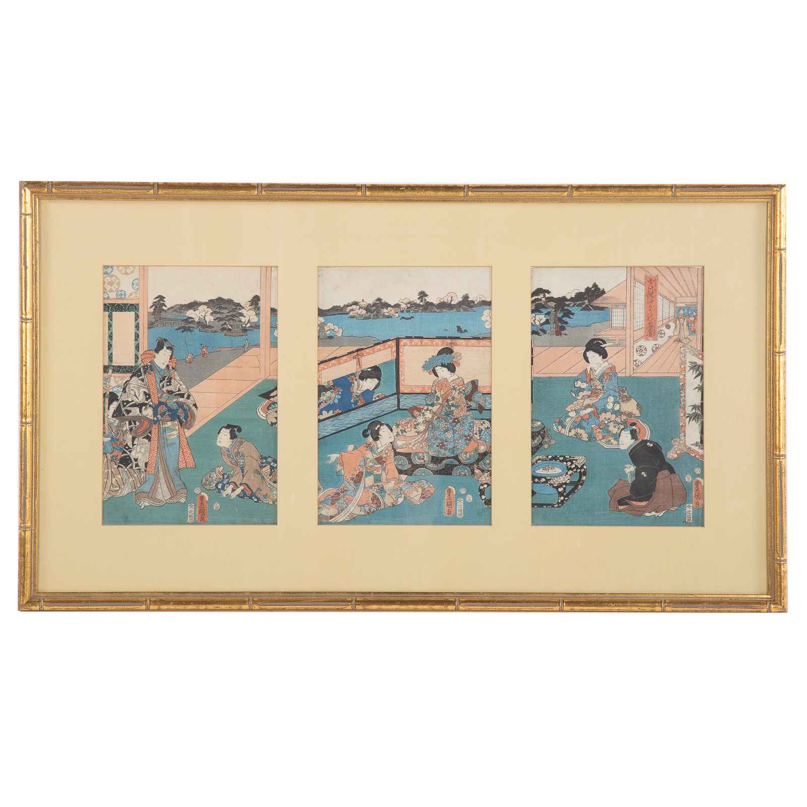 Appraisal: KUNISADA I COURT SCENE COLOR WOODBLOCK PRINT Japanese - Triptych