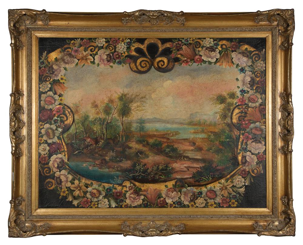 Appraisal: Mavique Peruvian b Landscape in a Floral Trompe l'Oeil oil