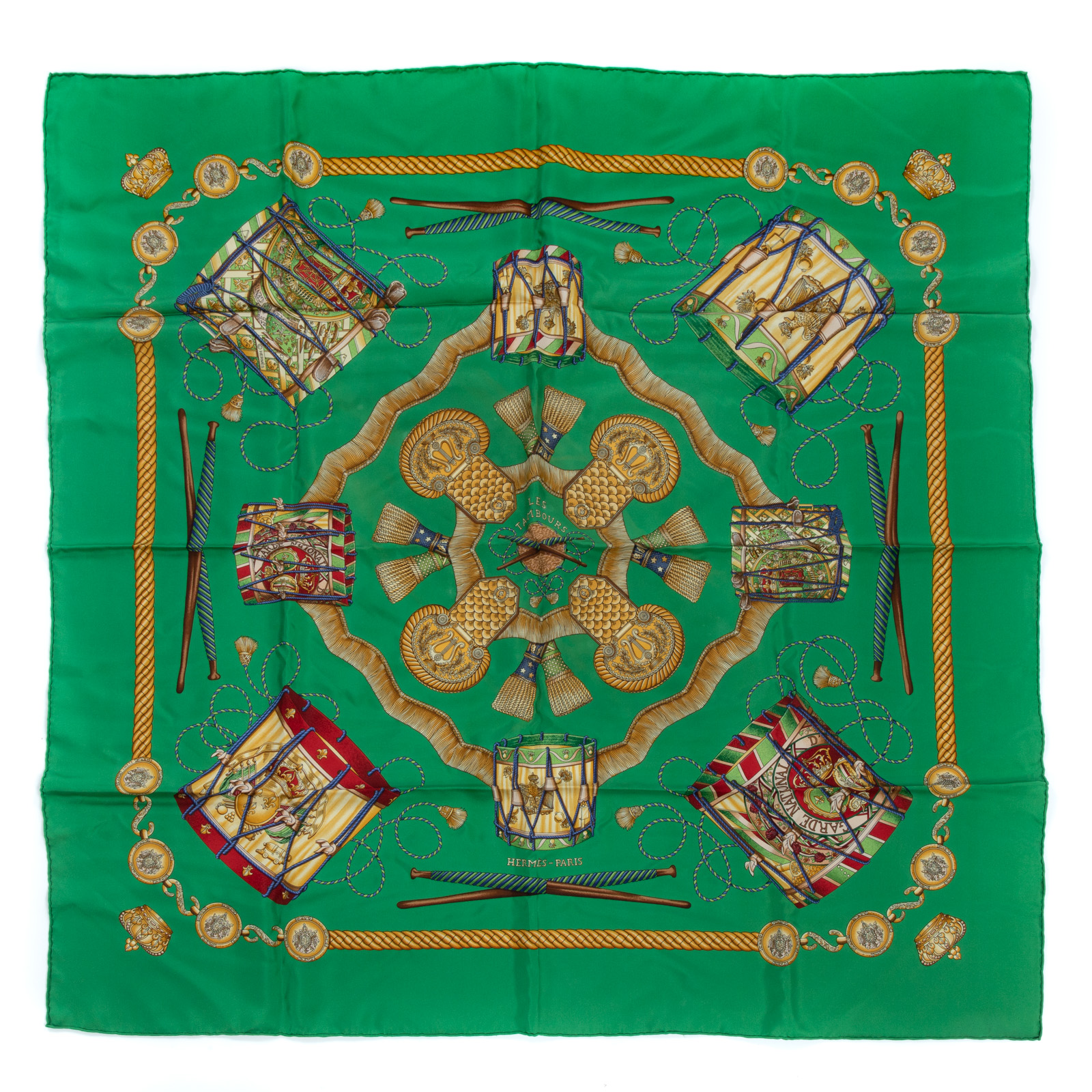 Appraisal: AN HERMES LES TAMBOURS SCARF Green and multicolor Hermes cm