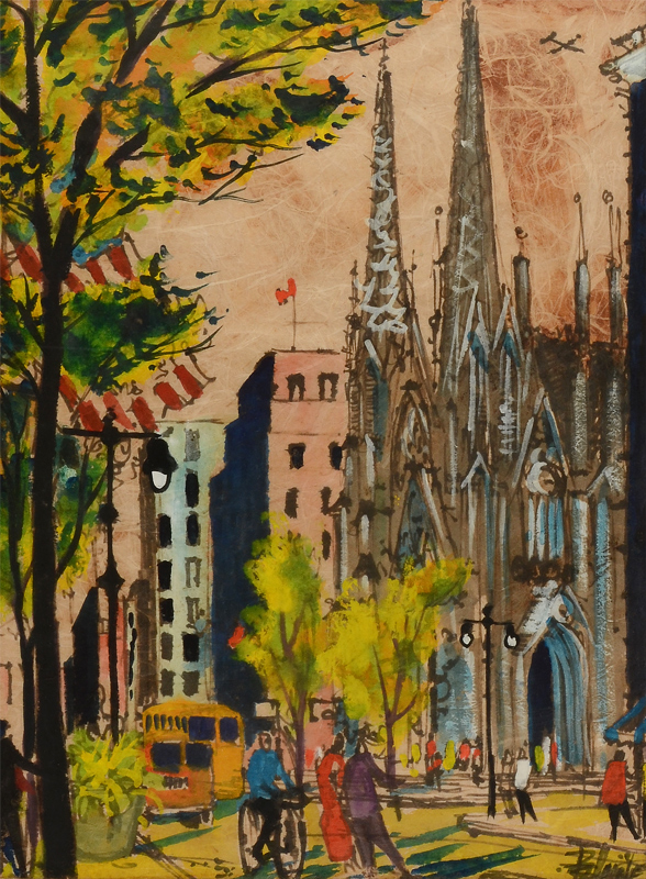 Appraisal: URBAN WATERCOLOR PAINTING WITH GOTHIC CHURCH AND AMERICAN FLAG SIGNED