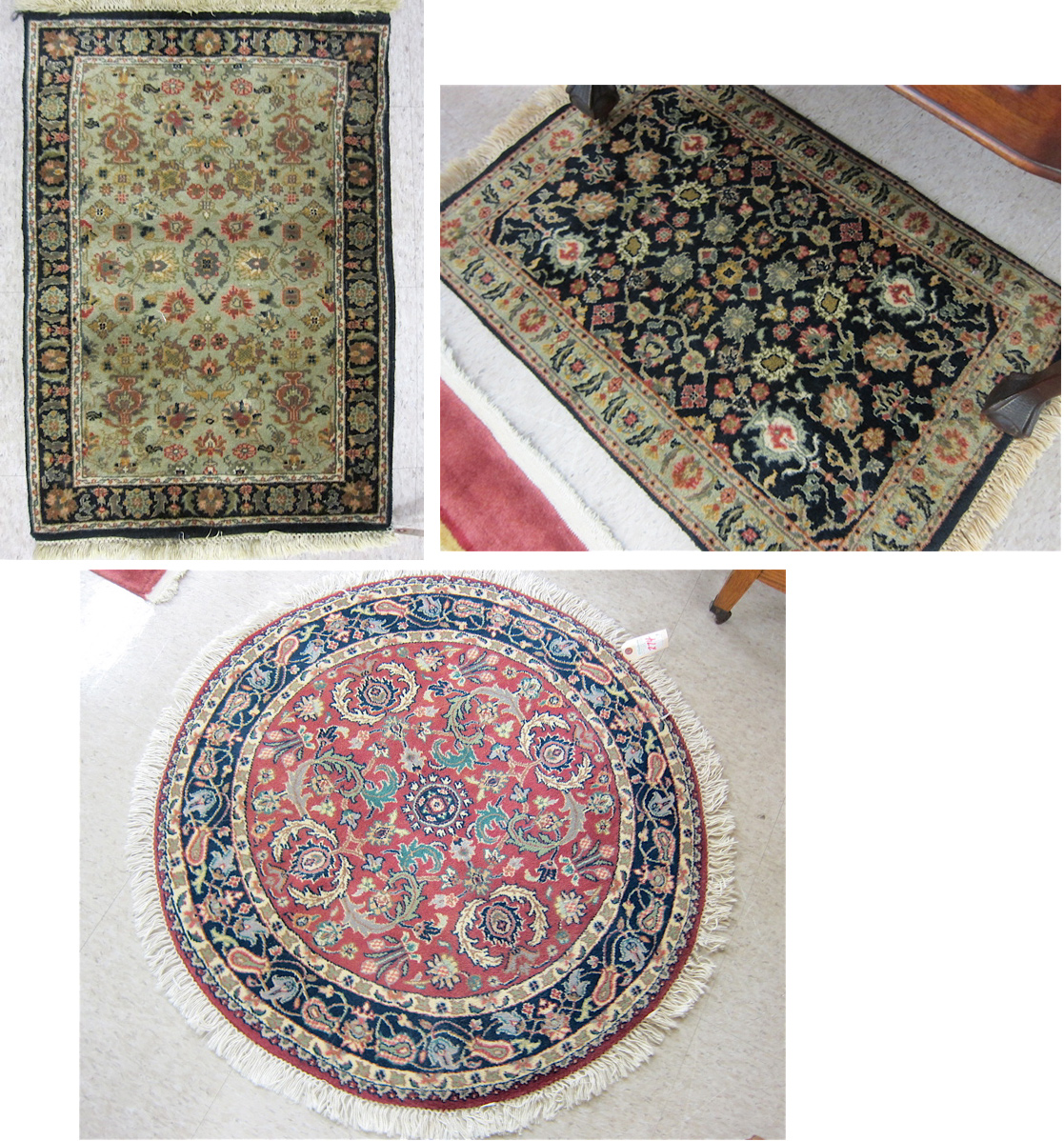 Appraisal: THREE HAND KNOTTED ORIENTAL MATS all Indo-Persian including ' diameter