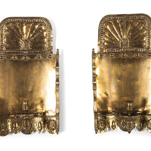 Appraisal: A Pair of Dutch Pressed Brass One-Light Shell-and-Flower Wall Sconces