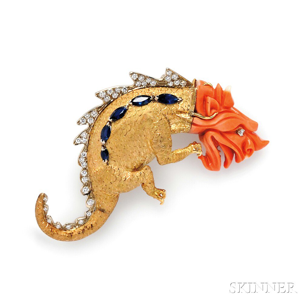 Appraisal: kt Gold Coral Sapphire and Diamond Dragon Brooch E Giansanti