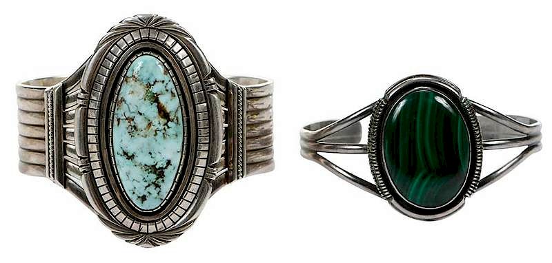 Appraisal: Two Southwest Silver Gemstone Cuff Bracelets oval cabochon malachite approx