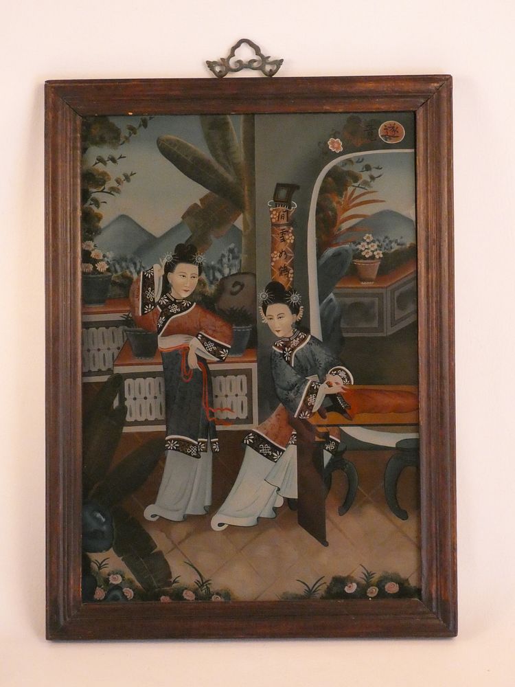 Appraisal: CHINESE REVERSE PAINTED PANEL Antique Chinese reverse painted glass panel