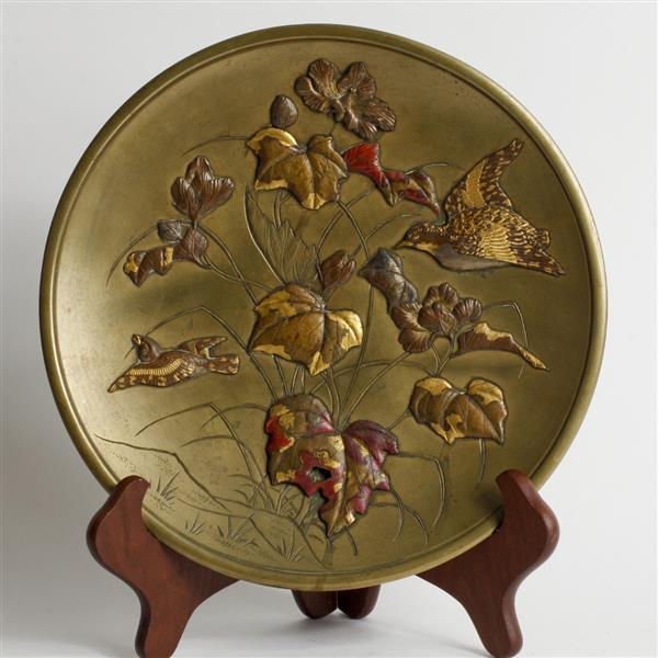 Appraisal: Japanese bronze mixed metal charger with birds and leaves in