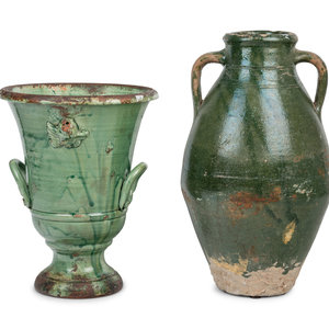 Appraisal: Two Green Glazed Pottery Articles th Century the taller example